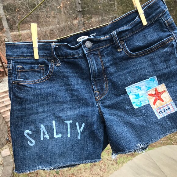 Upcycled Old Navy Cutoff Jean Shorts, Patchwork Painted Ocean, Size 8 Junior - Picture 7 of 10